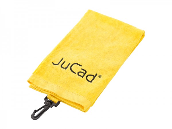 Gelbes Jucad Golf Handtuch mit kleinem Karabiner zum Befestigen.