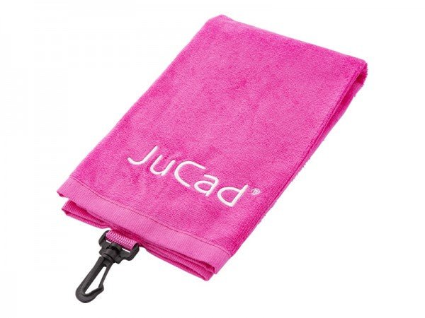 Faltbares pinkfarbenes Mikrofaser-Golfhandtuch mit weißem Jucad-Logo und Karabinerhaken.