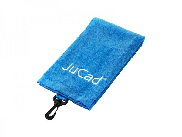Blaues Jucad Golf-Schlägertuch aus Mikrofaser mit schwarzem Karabinerhaken.