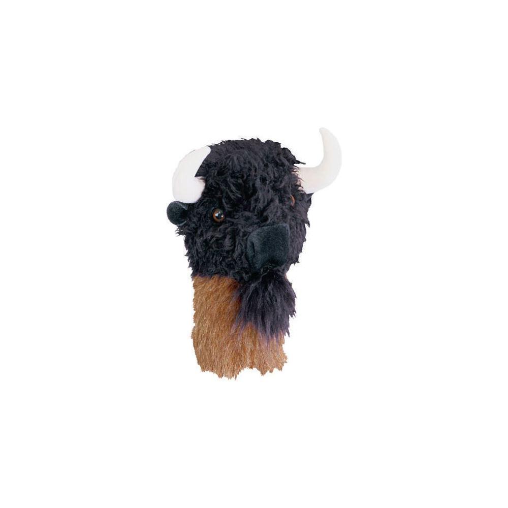 Golf-Driver-Headcover in Form eines schwarzen und braunen Büffelkopfs mit Hörnern aus Plüsch.