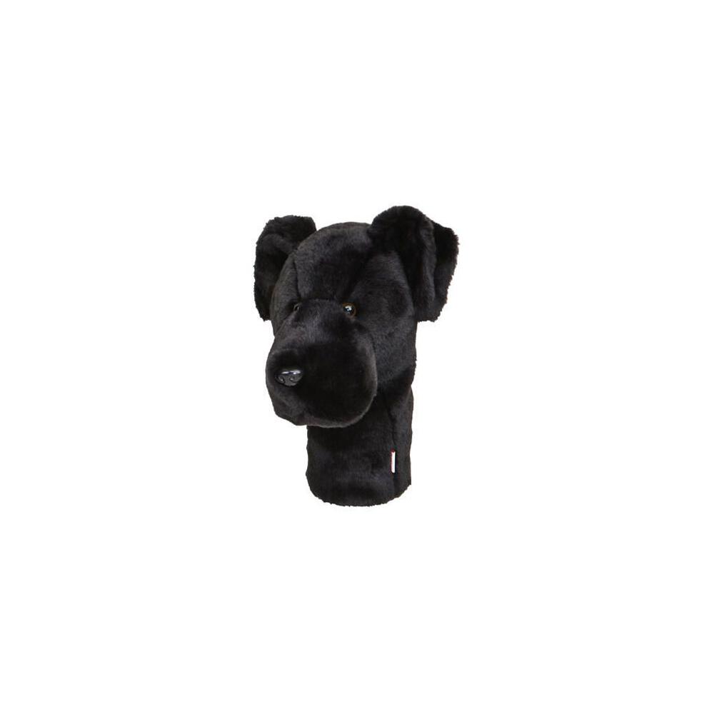 Schwarze Schlägerhaube in Form eines Labradorhund-Kopfes aus weichem Stoff.