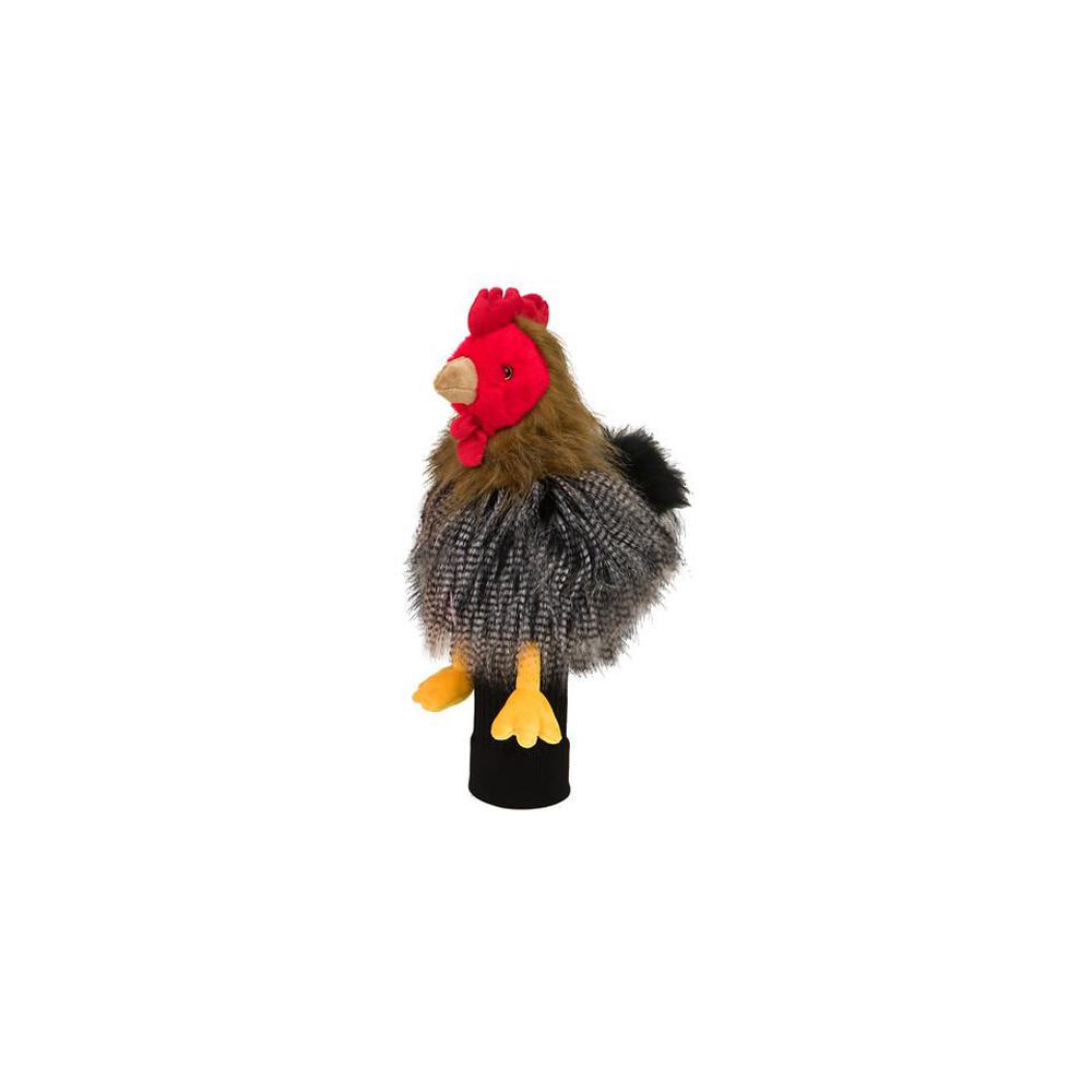 Golf-Driver- und Fairway-Headcover in Form eines braunen Huhns mit rotem Kamm und gelben Füßen.