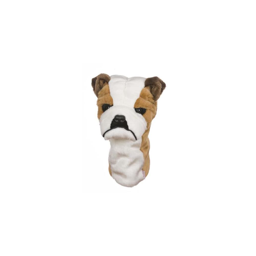Braune und weiße Bulldoggen-Golfschlägerhaube aus weichem Stoff für Driver und Fairway-Holz.