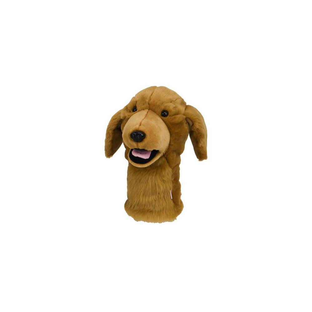Weicher Schlägerhauben-Bezug in Form eines Golden Retriever-Kopfs in Braun mit offenem Maul.