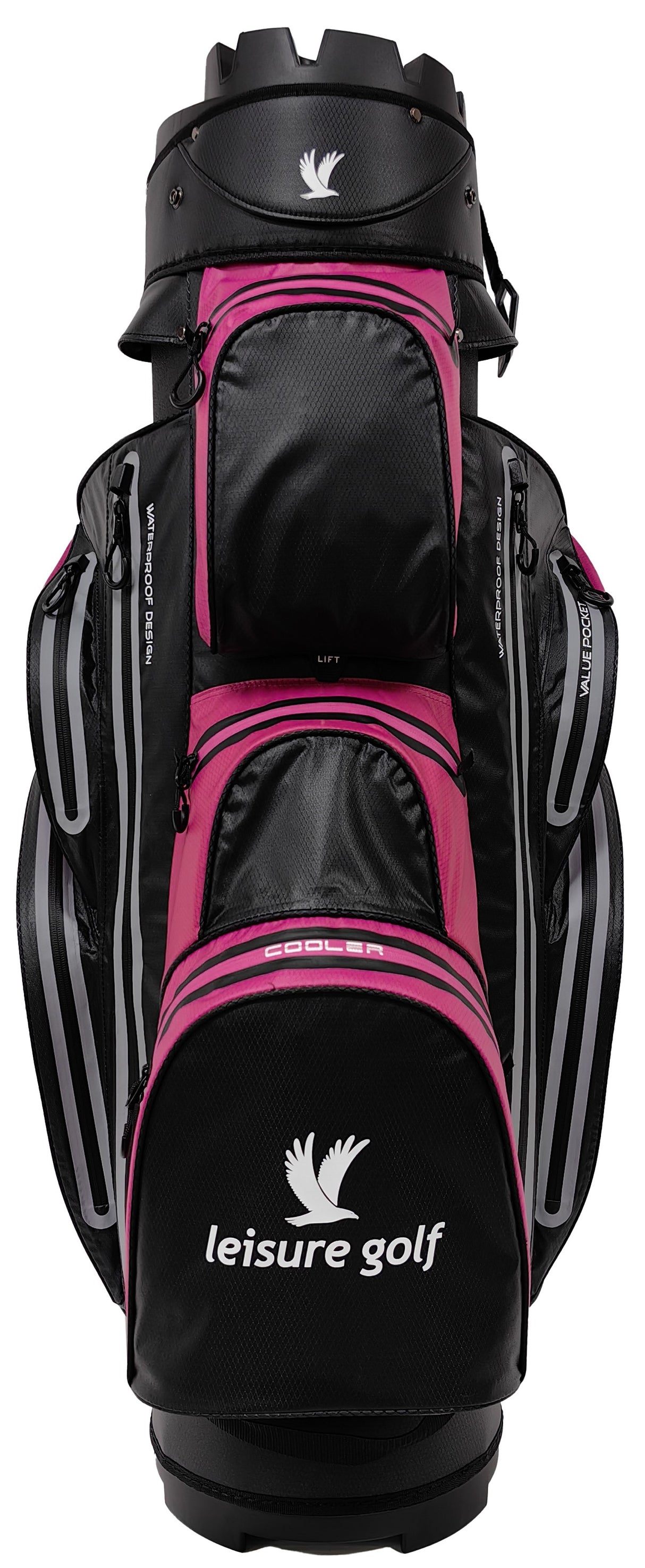 Schwarzer Golf-Cartbag mit pinken Akzenten und mehreren Reißverschlusstaschen, leisure golf Logo vorne.