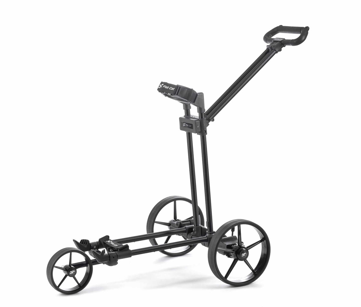 Schwarzer Flat Cat Pushtrolley mit drei Rädern und verstellbarem Griff, leichter Rahmen.