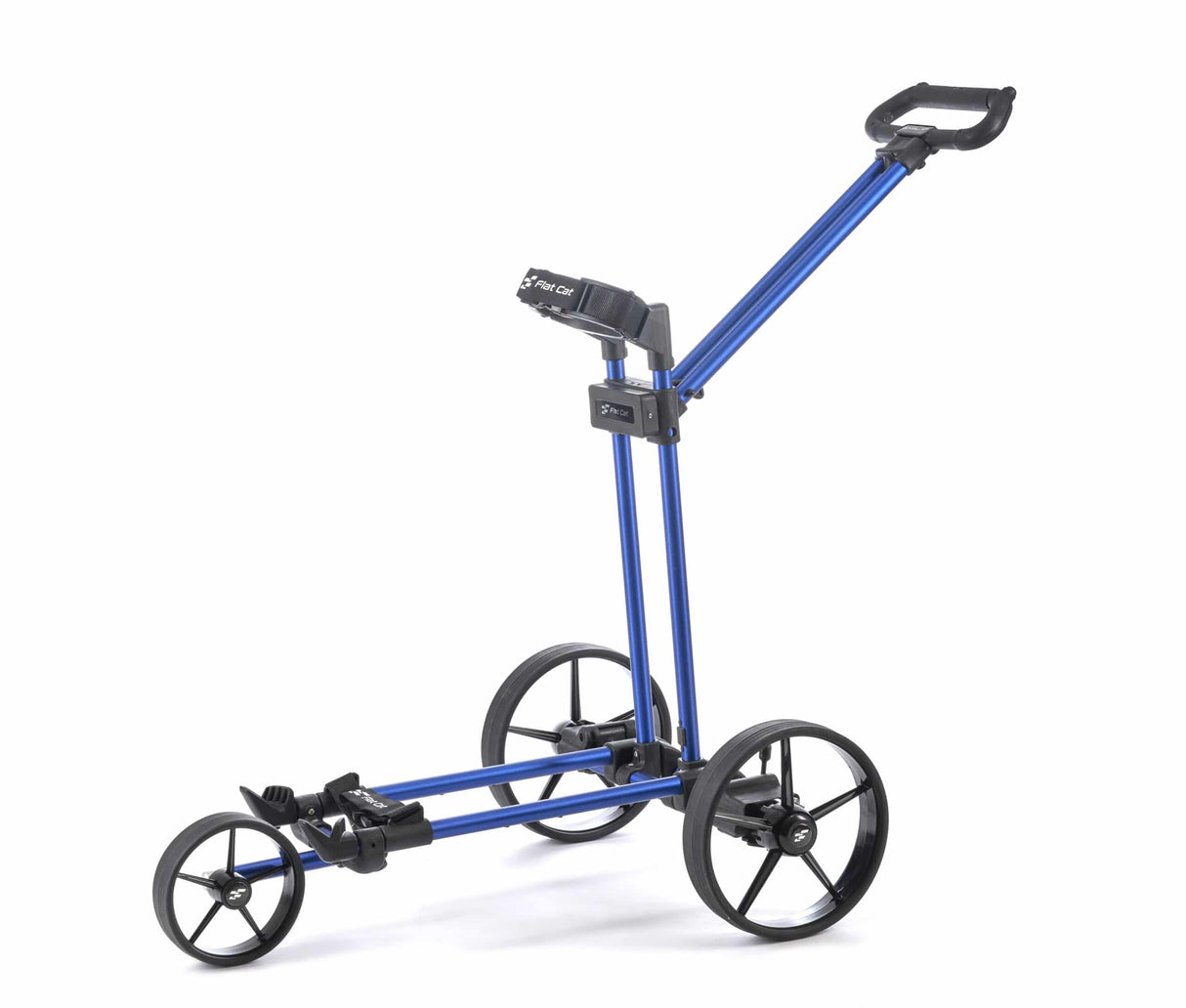 Drei-Rad-Golftrolley in tiefblau mit schwarzem Griff und Rädern, klappbar, modernes Design.