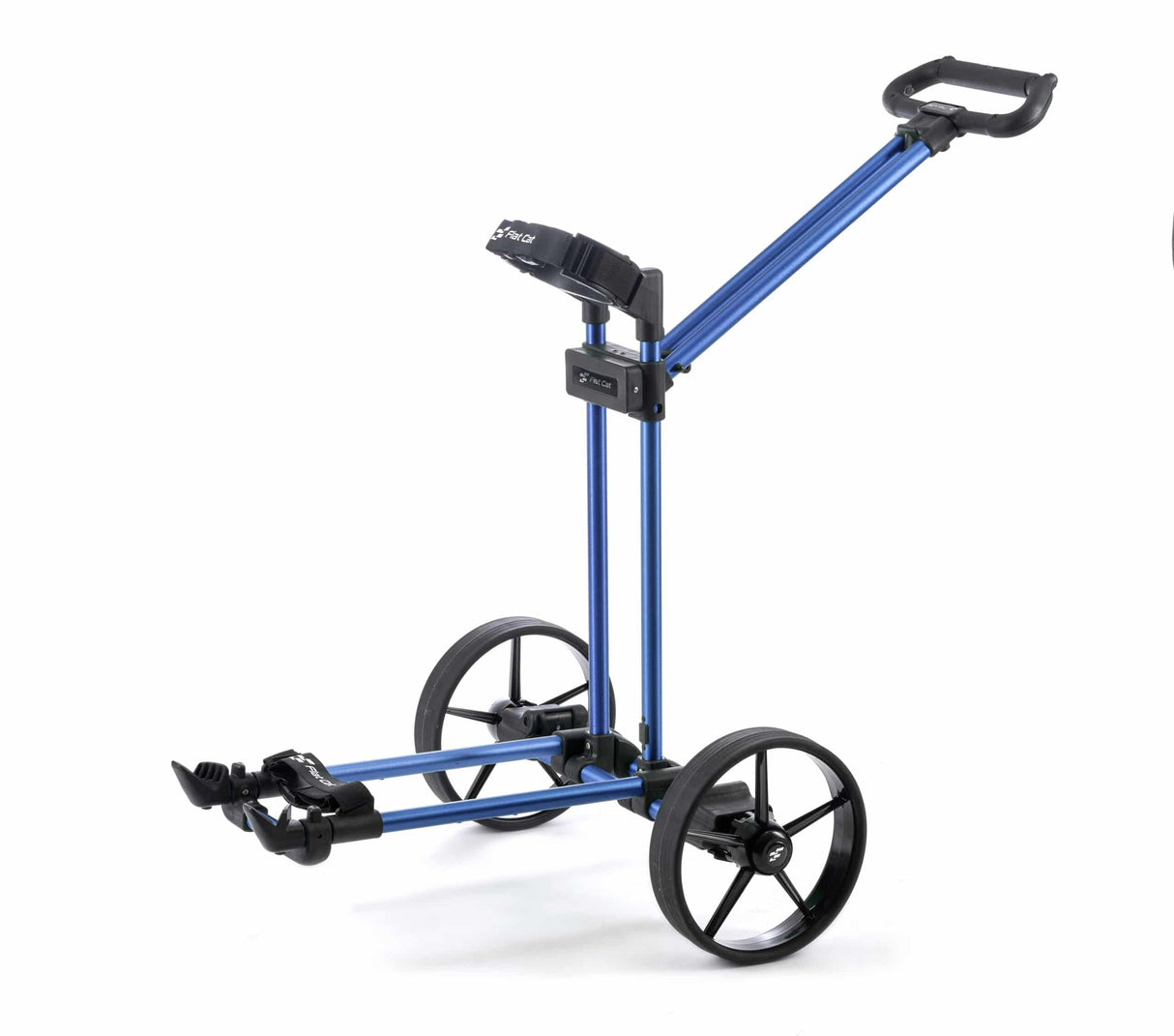 Blauer Flat Cat Pulltrolley mit zwei großen Rädern und ergonomischem Griff.