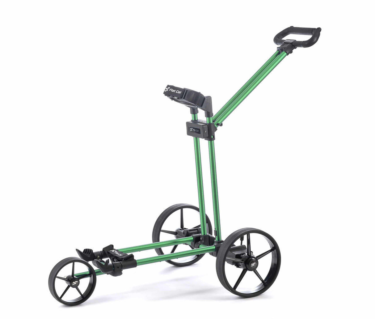 Golftrolley mit drei Rädern in grünem Metallrahmen und schwarzem Griff und Radaufbau.