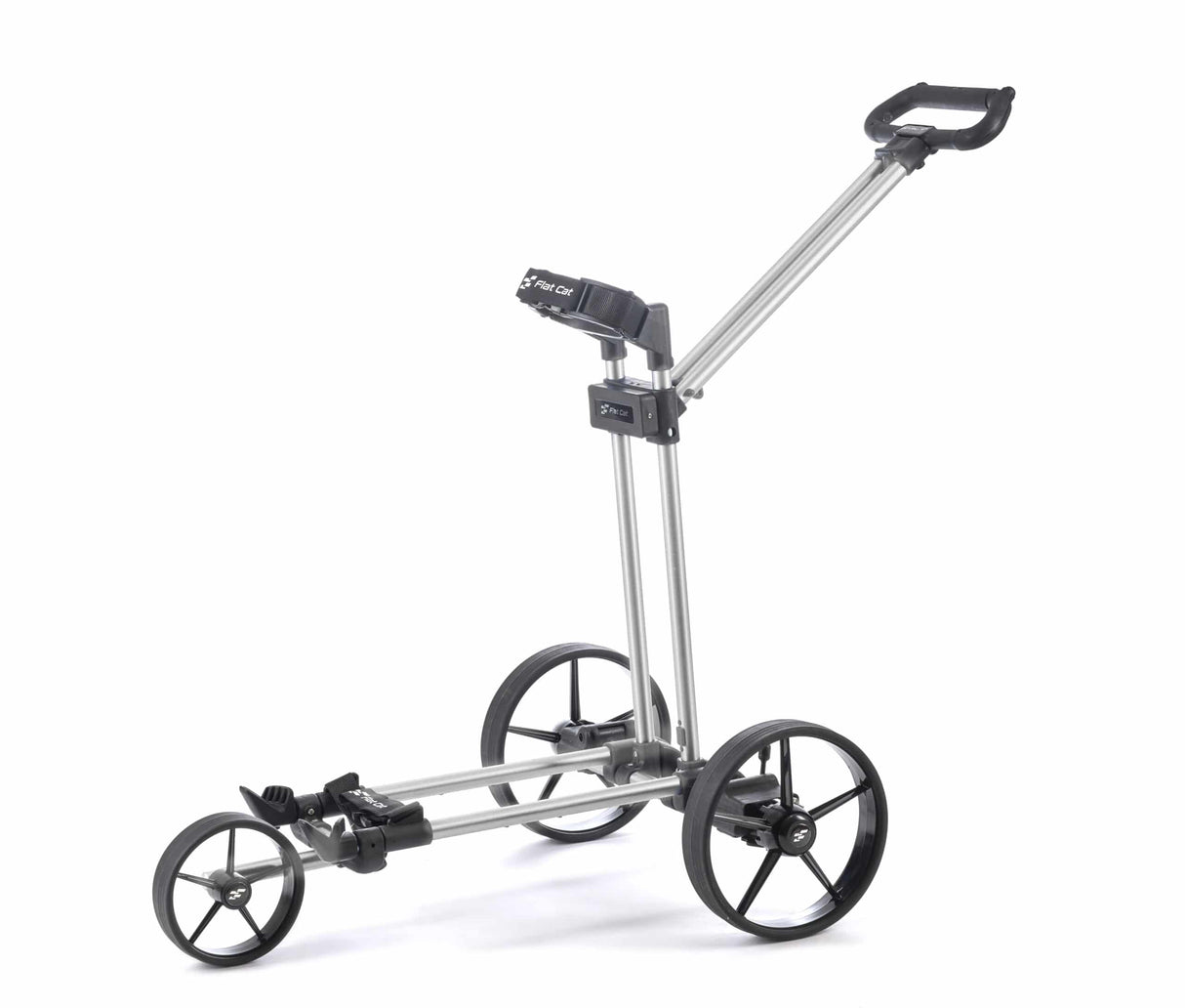 Flacher silberner 3-Rad-Golftrolley mit verstellbarem Griff und leichtem Aluminiumrahmen.
