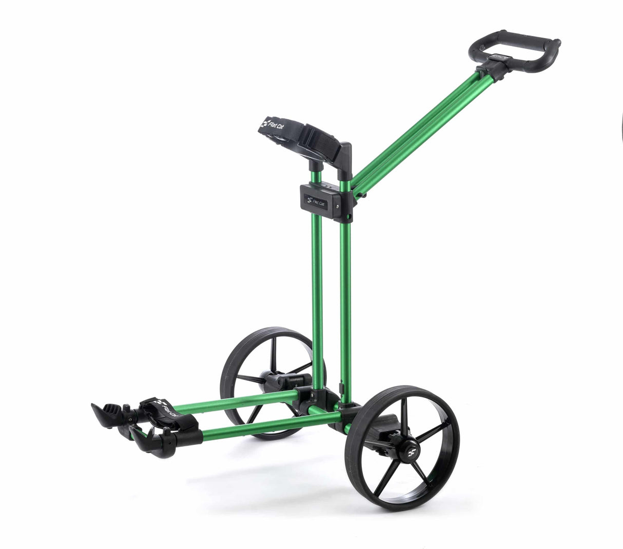 Grüner Flat Cat Zwei-Rad Golf-Pulltrolley mit schwarzem Griff und großen Rädern.