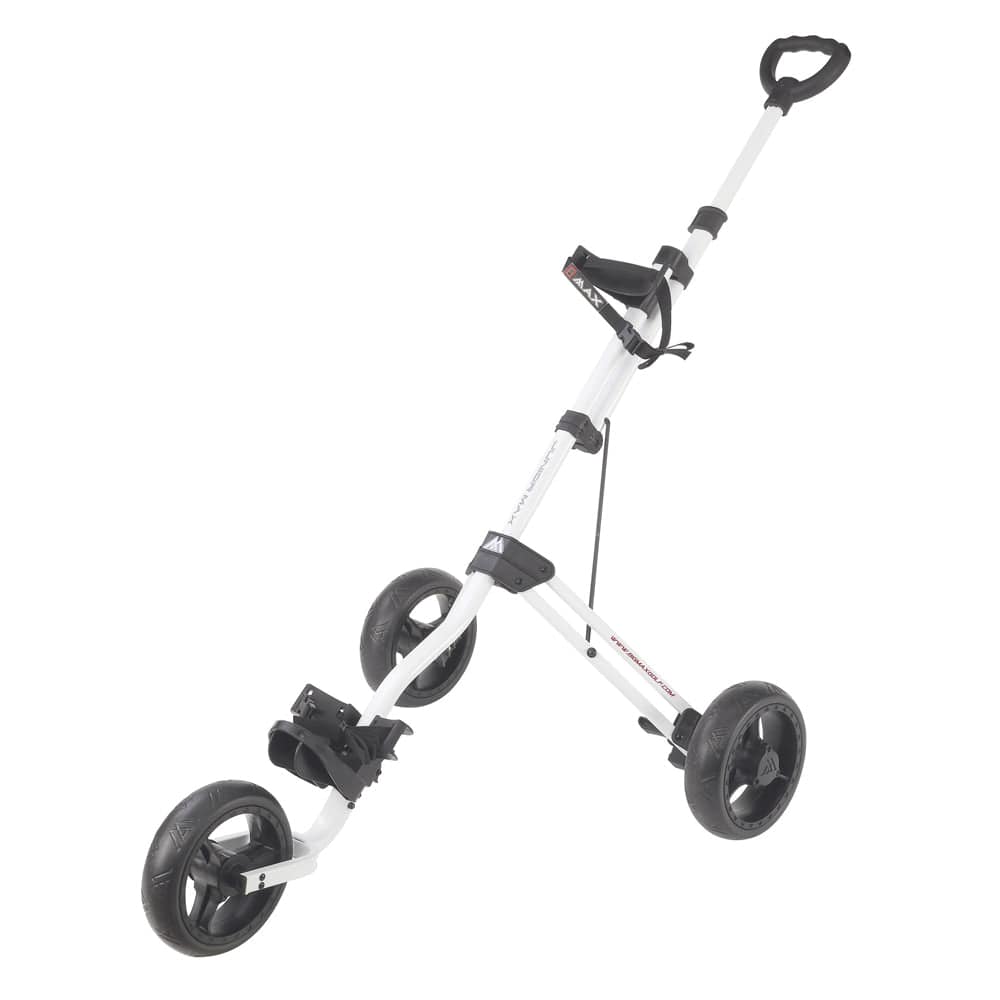 Weißer Big Max Junior Max 3-Rad-Golftrolley mit schwarzem Griff und Rädern.