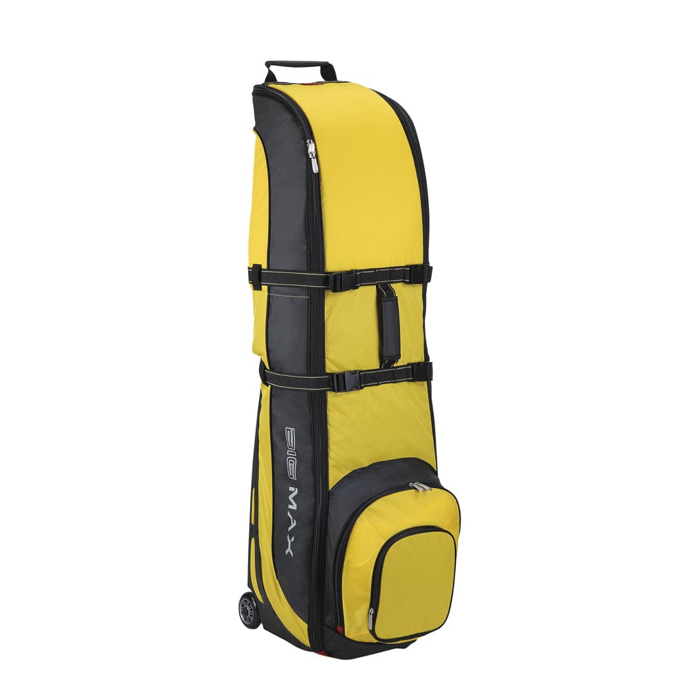 Gelb-schwarze Big Max Wheeler 3 Golf Travelcover mit Rollen und Fronttasche.