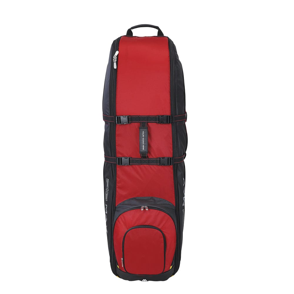 Schwarzer und roter Big Max Wheeler 3 Travelcover mit Tragegriff und Sicherungsgurten.