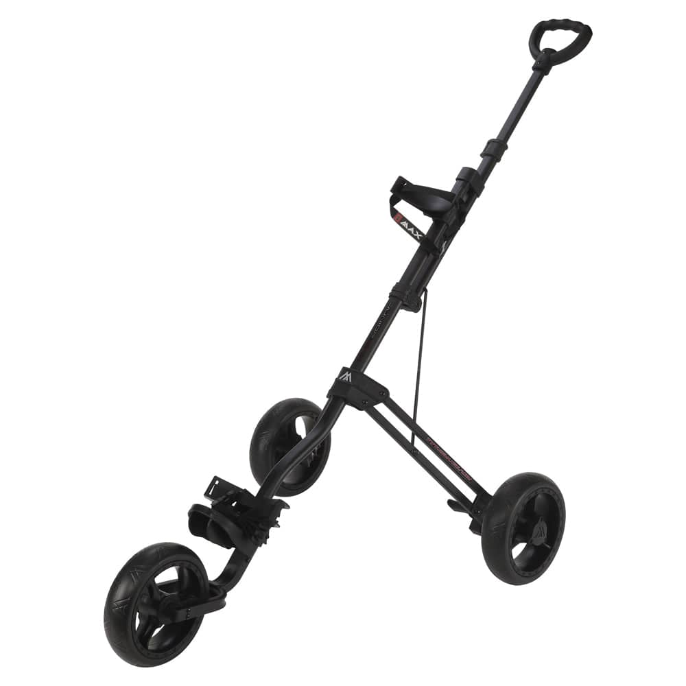 Schwarzer Big Max Junior Max 3-Rad-Golftrolley mit ergonomischem Griff und stabilem Rahmen.