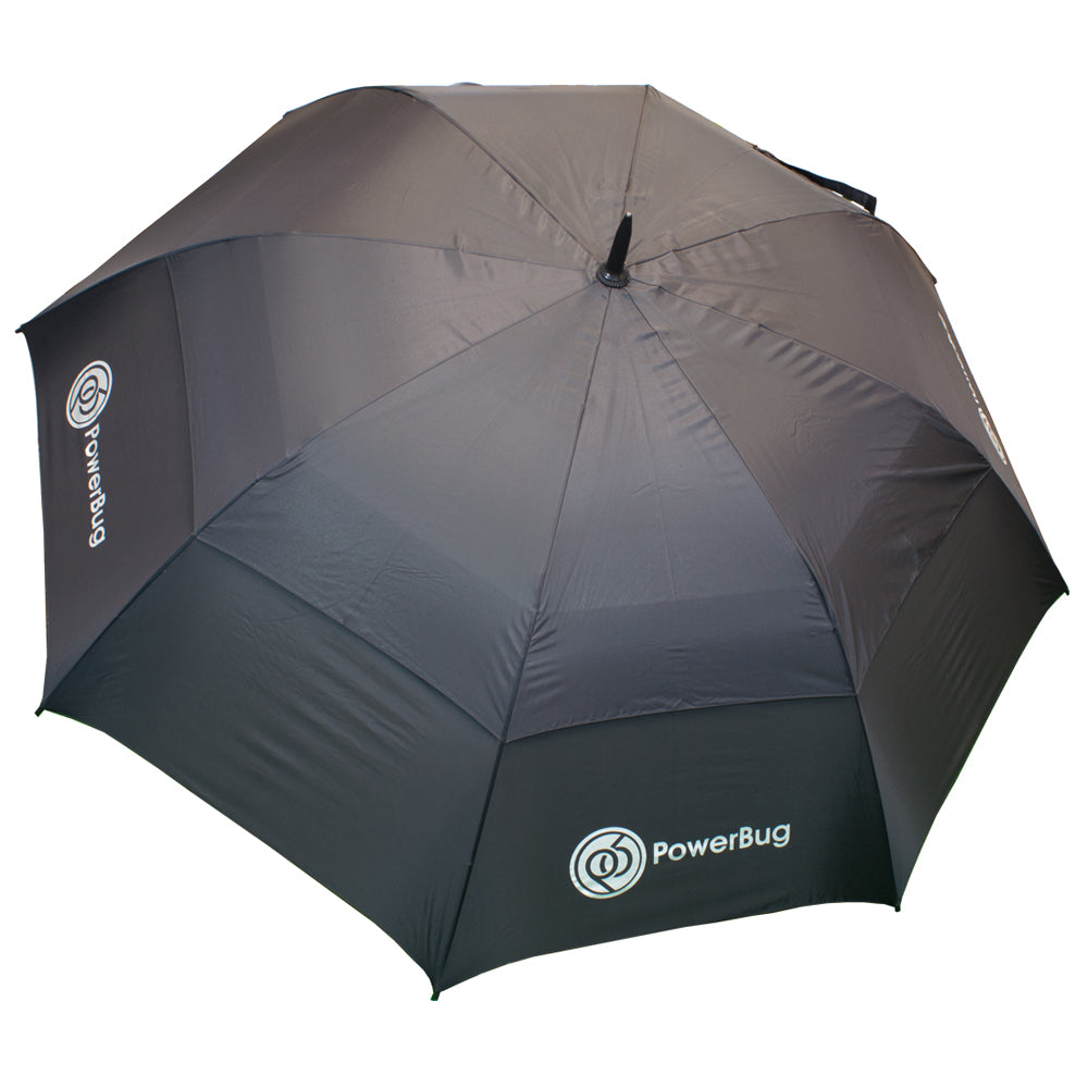 Großer schwarzer PowerBug Infinity Windfester Regenschirm mit weißem Logo auf zwei Paneelen.