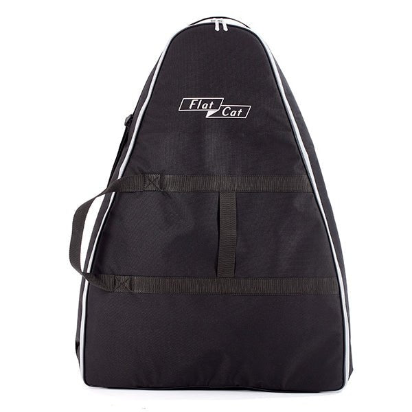 Schwarze Flat Cat Trolley-Tasche mit weißen Paspelierungen und Front-Griffschlaufen.