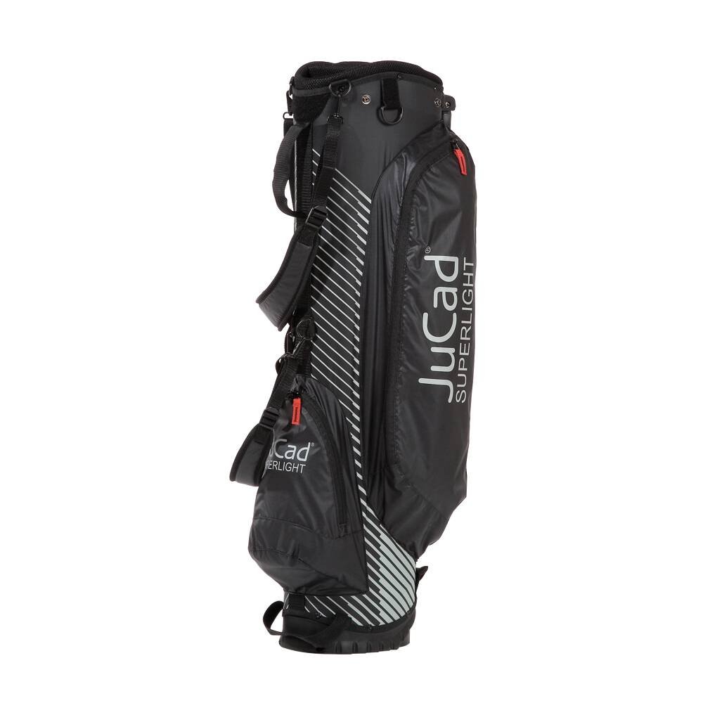 Schwarzes JuCad Superlight Hybrid Golfbag mit grauen Streifen und seitlicher Logoprägung.