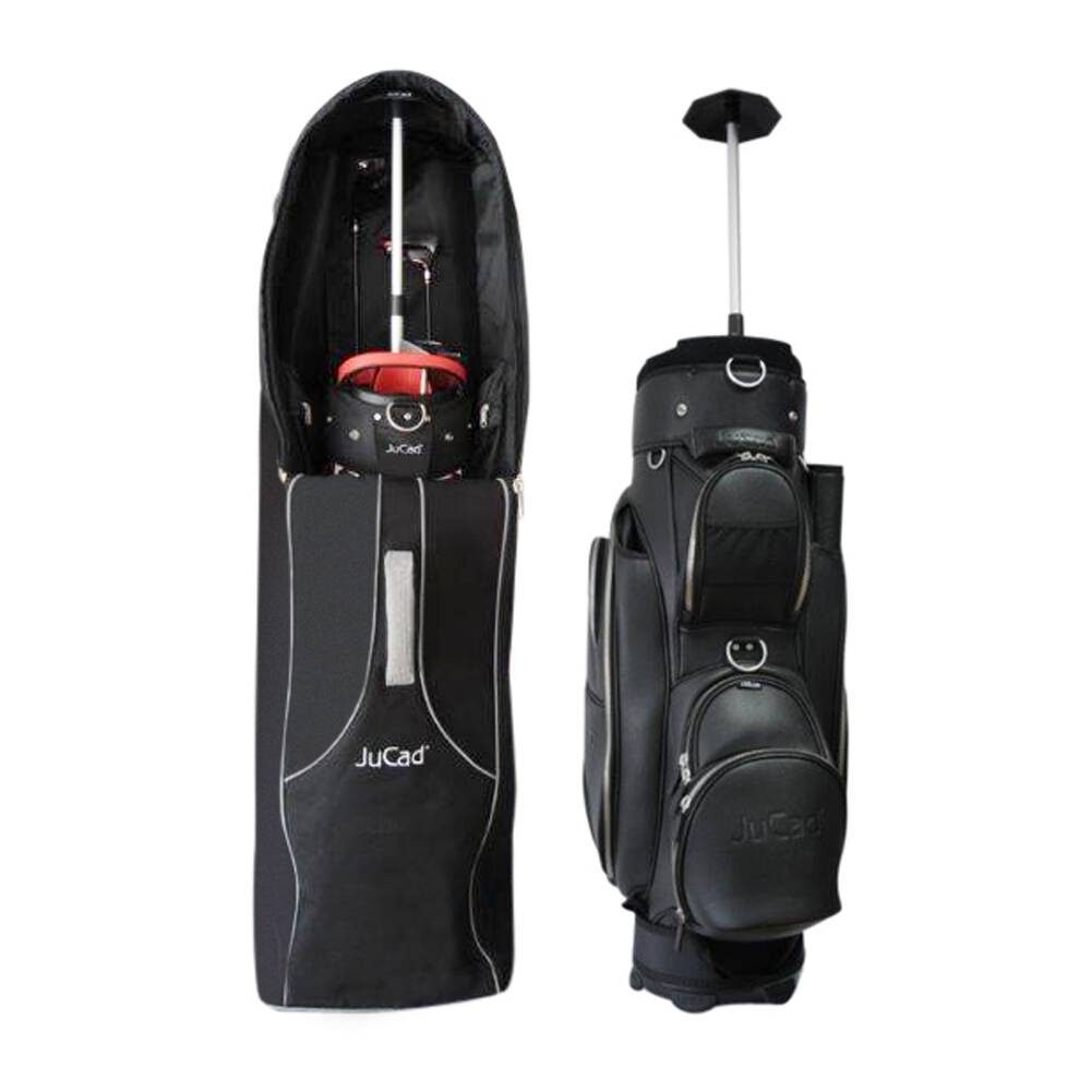 Schwarze Jucad Golf-Protector-Tasche mit Reißverschluss und Teleskopgriff, Front- und Seitentaschen.