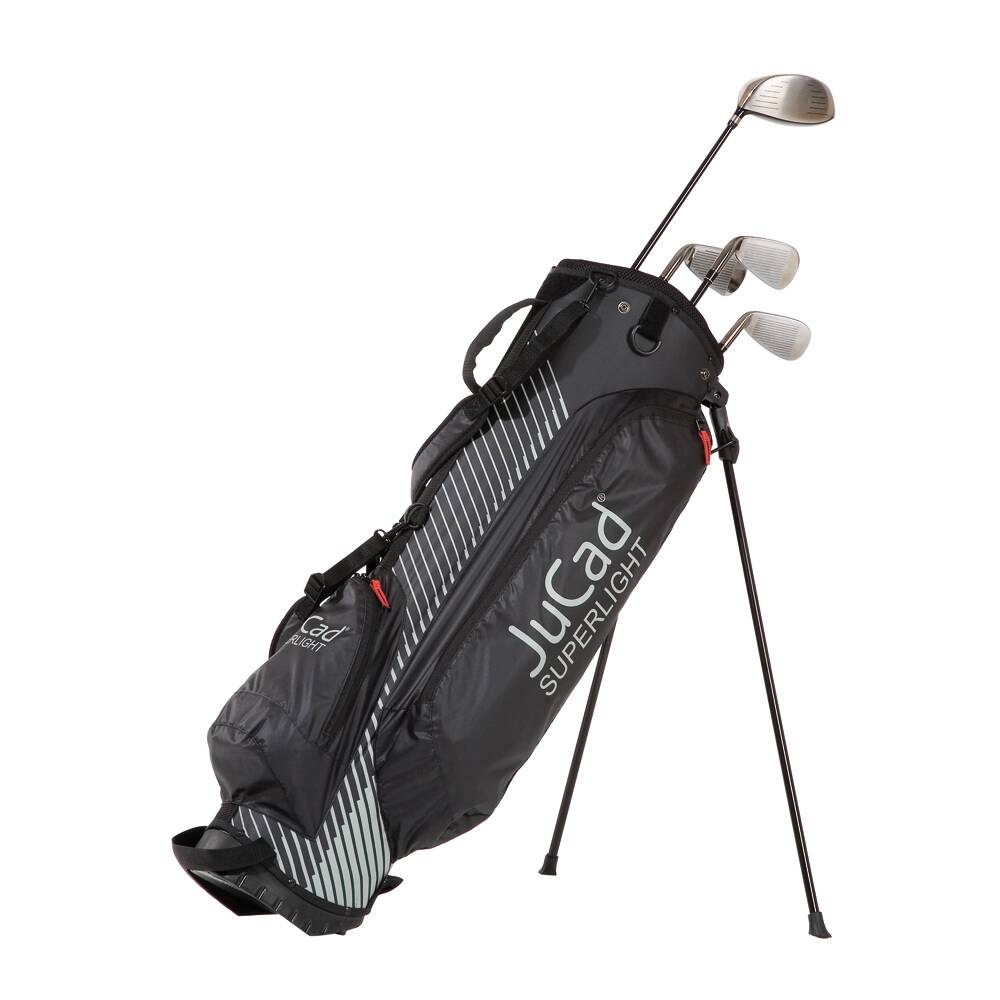Schwarzes JuCad Superlight Hybrid Golfbag mit Ständer, weißem Logo und seitlichen Taschen.