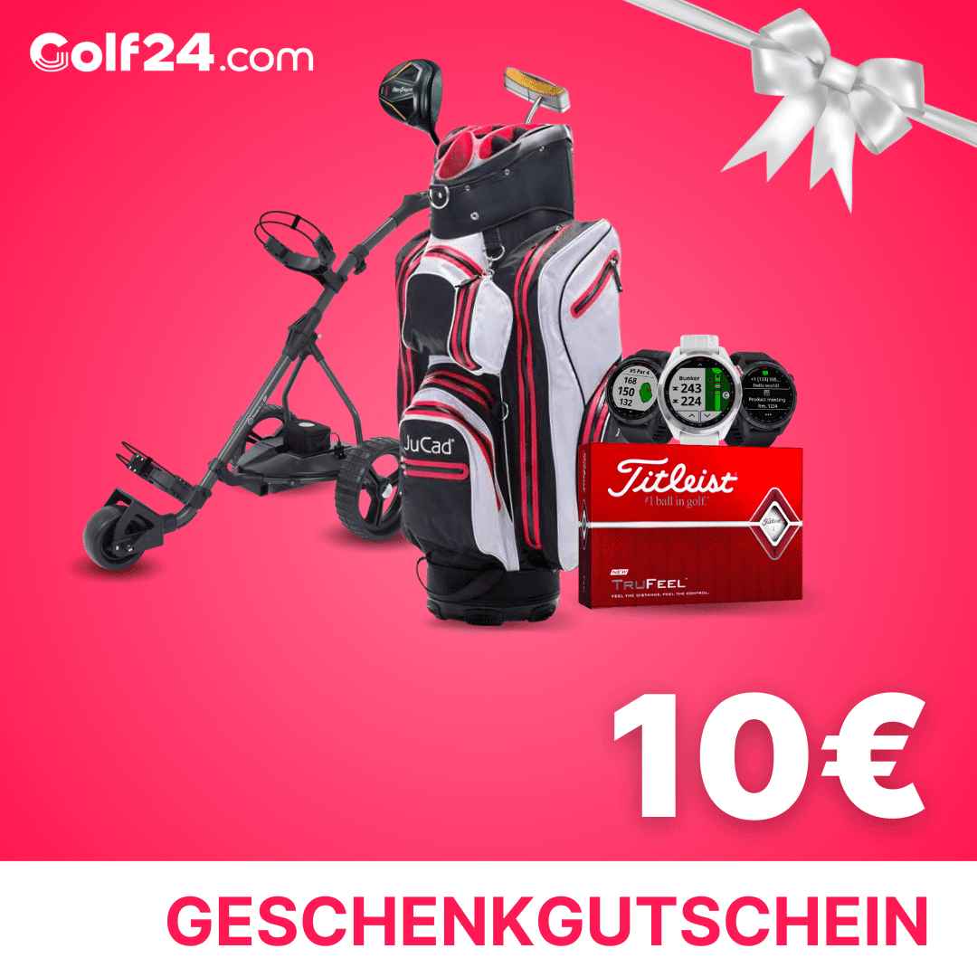 Golfset mit Trolley, Golfbag, Titleist Golfbällen und Golf-Uhren vor rotem Hintergrund.