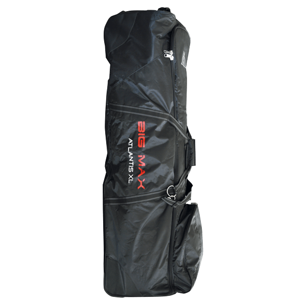 Schwarze Big Max Travelcover Atlantis XL Golftasche mit Reißverschlüssen und Tragegriff.