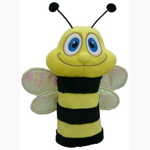 Gelb-schwarze Bienen-Headcover mit großen blauen Augen und schwarzen Antennen für Golfhybride und Rescues.