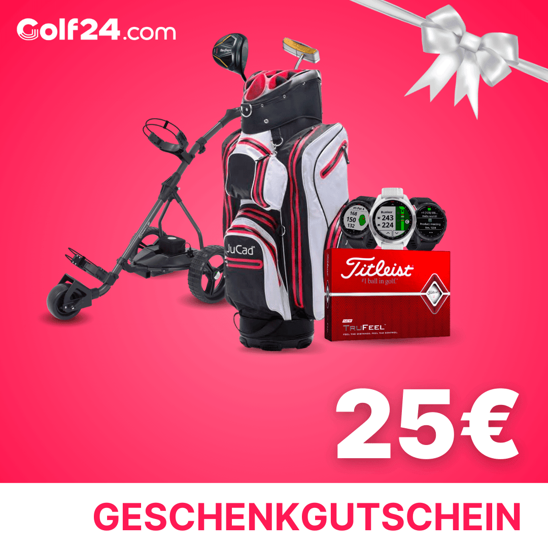 Geschenkgutschein 25 Euro mit Golfset, Golftasche, Trolley und Golfbällen vor rotem Hintergrund.