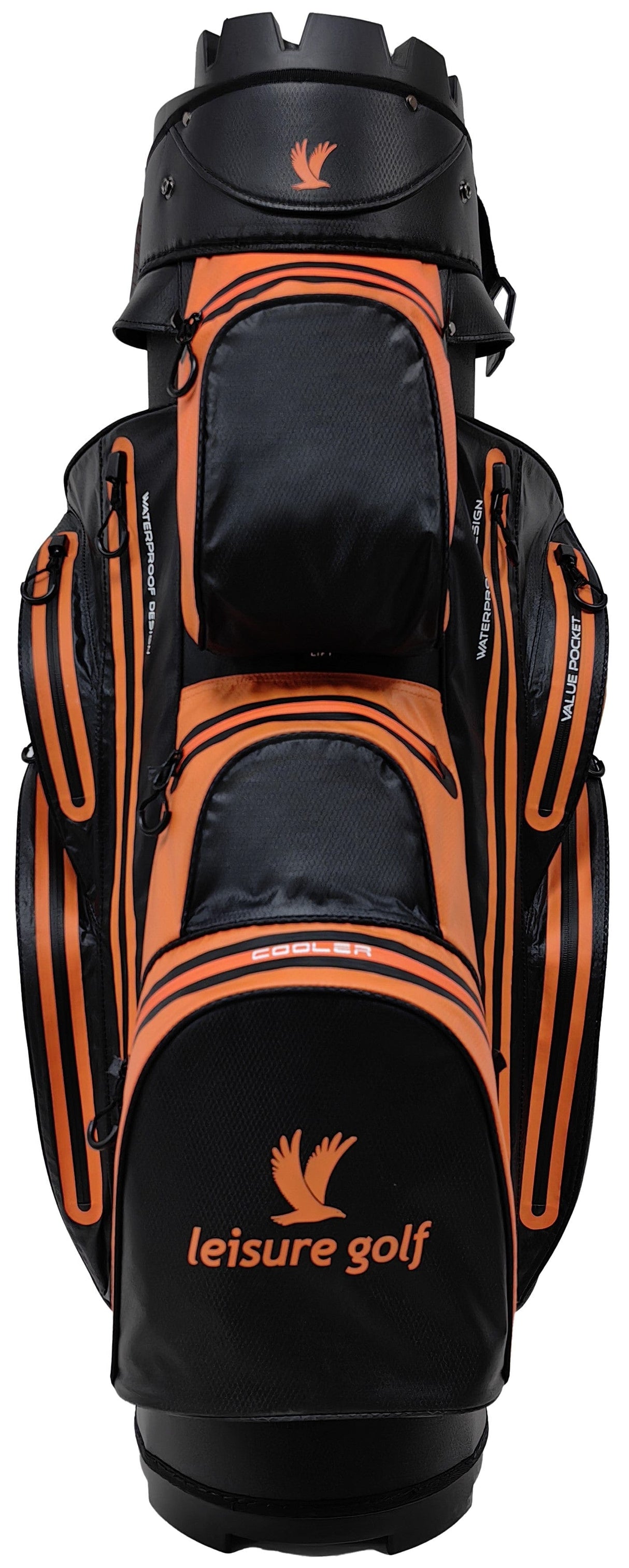 Schwarzer Leisure Golf Cartbag mit orangefarbenen Akzenten und mehreren Taschen, wasserabweisend.