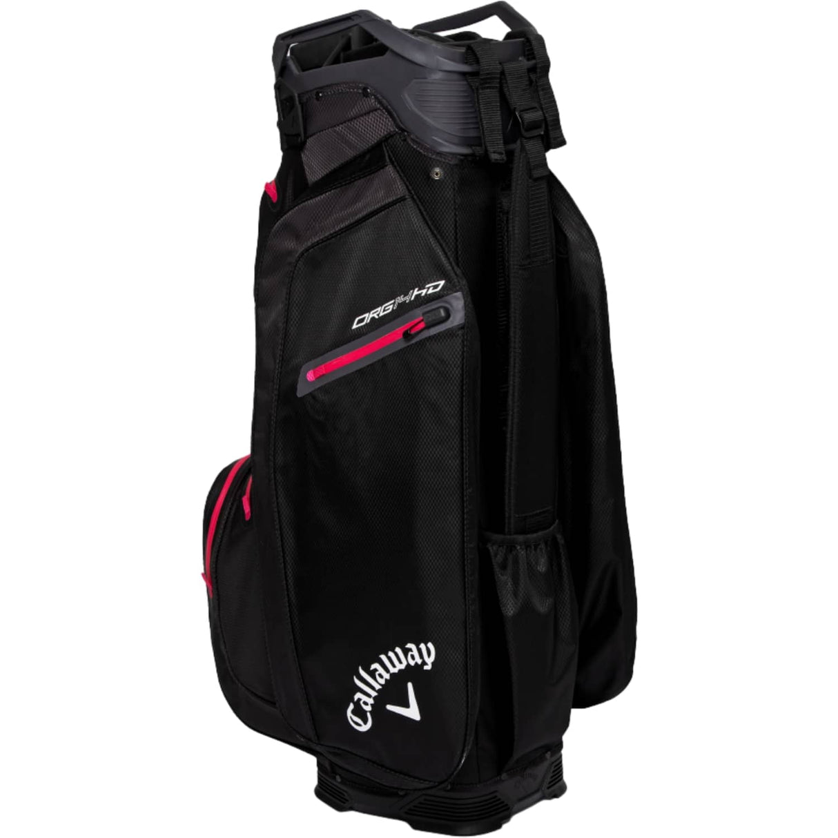 Schwarzes Callaway ORG 14 HD Cart Bag mit weißen Logos und roten Akzenten, mehrere Fächer, stabiler Stauraum.