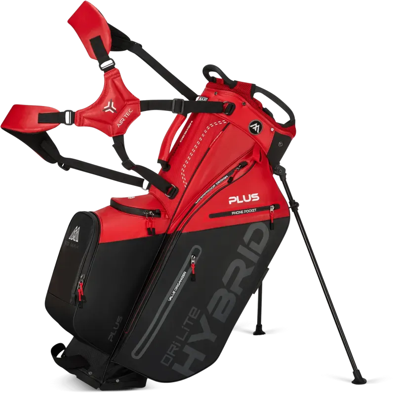 Rotes Big Max Dri Lite Hybrid Plus Standbag mit schwarzen Details und grauem Schriftzug.