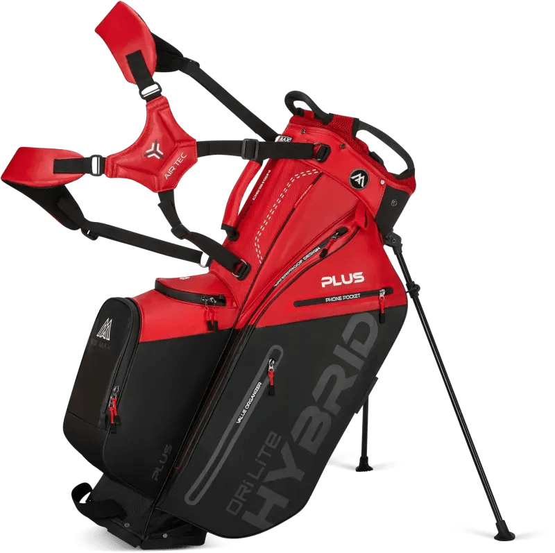 Rotes Big Max Dri Lite Hybrid Plus Standbag mit schwarzen Details und grauem Schriftzug.