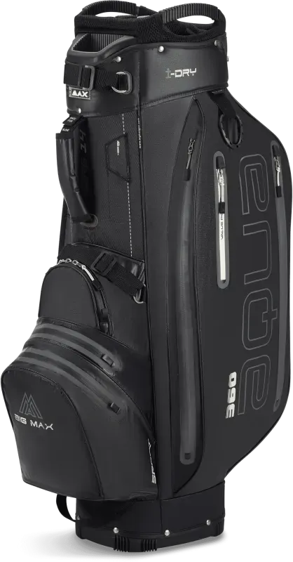 Schwarzes Big Max Aqua Sport 360 Cartbag mit zahlreichen Taschen, wasserfest und robust.
