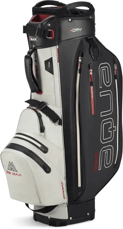 Weiß-schwarzes Big Max Aqua Sport 360 Cartbag mit mehreren Reißverschlusstaschen und seitlichem Logo.