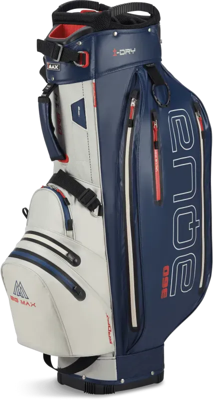 Großes blau-schwarzes Big Max Aqua Sport 360 Cartbag mit mehreren Reißverschlusstaschen und Tragegriff.