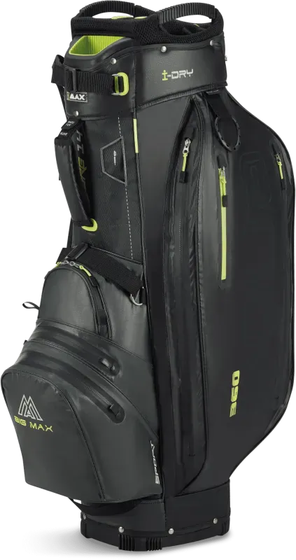 Schwarzes wasserdichtes Golf-Cartbag mit mehreren Reißverschlussfächern und Neongelbem Akzent, Big Max Aqua Sport 360.
