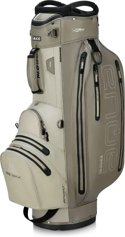 Beiges Big Max Aqua Sport 360 Golf-Cartbag mit mehreren schwarzen Reißverschlusstaschen und Logo-Schriftzug.