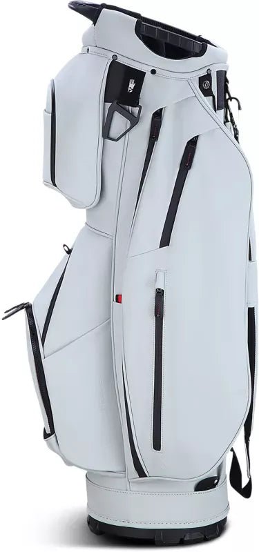 Weißes Golfcartbag mit mehreren Reißverschlusstaschen und schwarzem Tragegriff.
