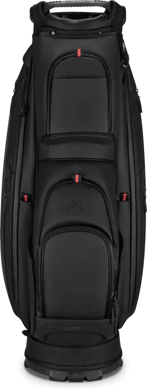 Schwarzes Big Max Dri Lite Prime Golfcartbag mit mehreren Außentaschen und roter Akzentnaht.