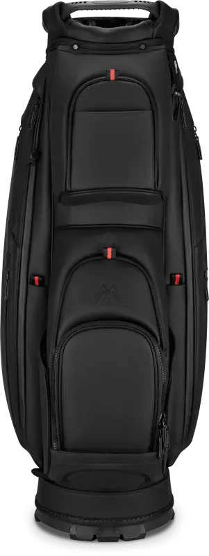 Schwarzes Big Max Dri Lite Prime Golfcartbag mit mehreren Außentaschen und roter Akzentnaht.