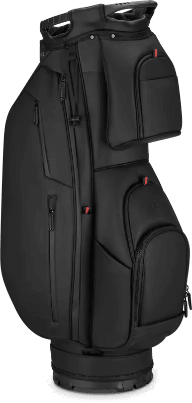 Schwarzes Big Max Dri Lite Prime Cartbag mit mehreren Taschen und roten Reißverschlussdetails.