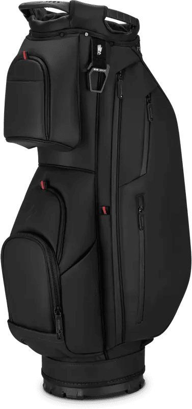 Schwarzes Big Max Dri Lite Prime Cartbag mit mehreren Reißverschlusstaschen und Tragegriff.