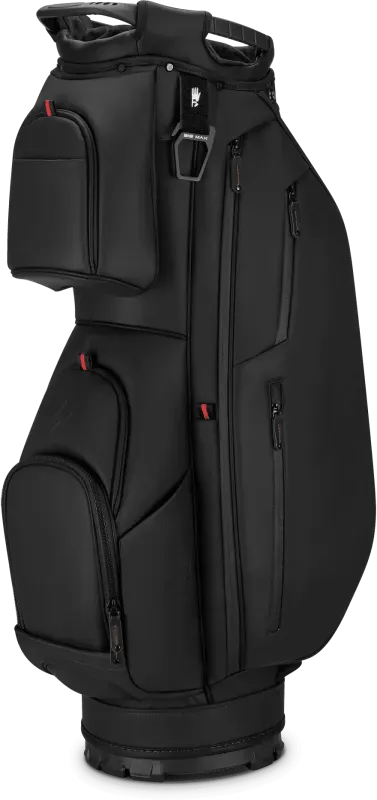 Schwarzes Big Max Dri Lite Prime Cartbag mit mehreren Reißverschlusstaschen und Tragegriff.