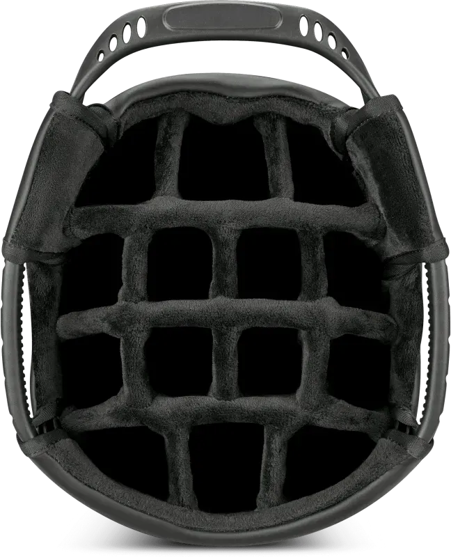Schwarzes Golfcartbag mit gepolsterten, rechteckigen Fächern für Golfschläger und offenem Tragegriff.