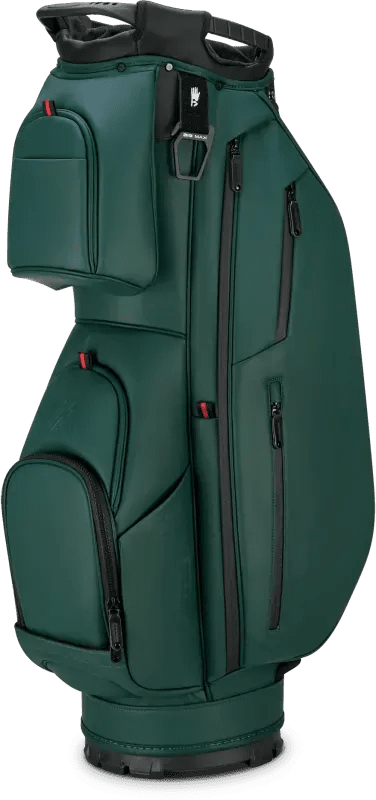 Waldgrünes Big Max Dri Lite Prime Golf-Cartbag mit mehreren Reißverschlusstaschen und robustem Tragegriff.