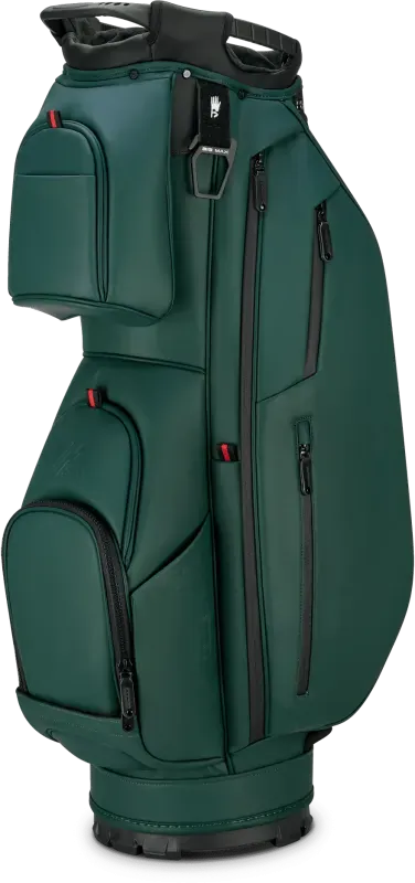 Waldgrünes Big Max Dri Lite Prime Golf-Cartbag mit mehreren Reißverschlusstaschen und robustem Tragegriff.