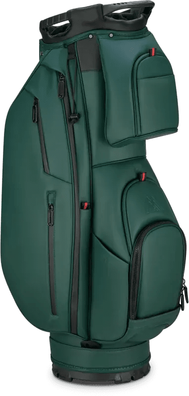 Waldgrünes Golf-Cartbag mit mehreren Reißverschlusstaschen und robustem Tragegriff.