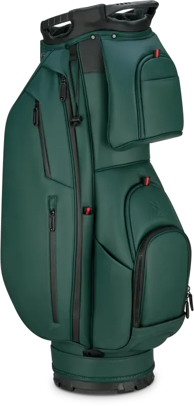 Waldgrünes Golf-Cartbag mit mehreren Reißverschlusstaschen und robustem Tragegriff.