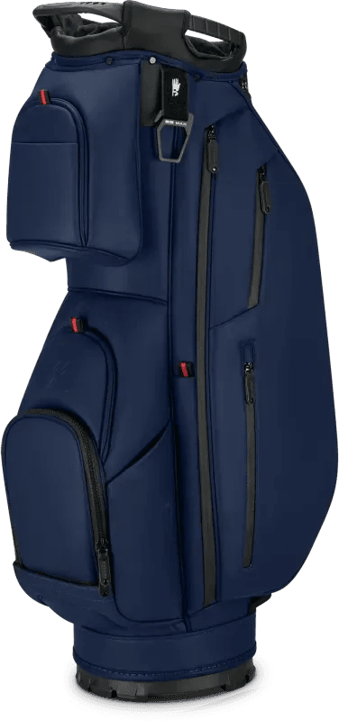 Marineblaues Big Max Dri Lite Prime Cartbag mit mehreren Reißverschlusstaschen und Griffen.
