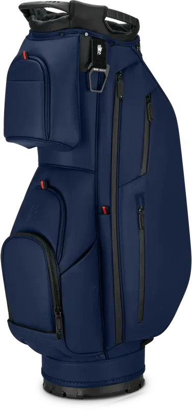 Marineblaues Big Max Dri Lite Prime Cartbag mit mehreren Reißverschlusstaschen und Griffen.